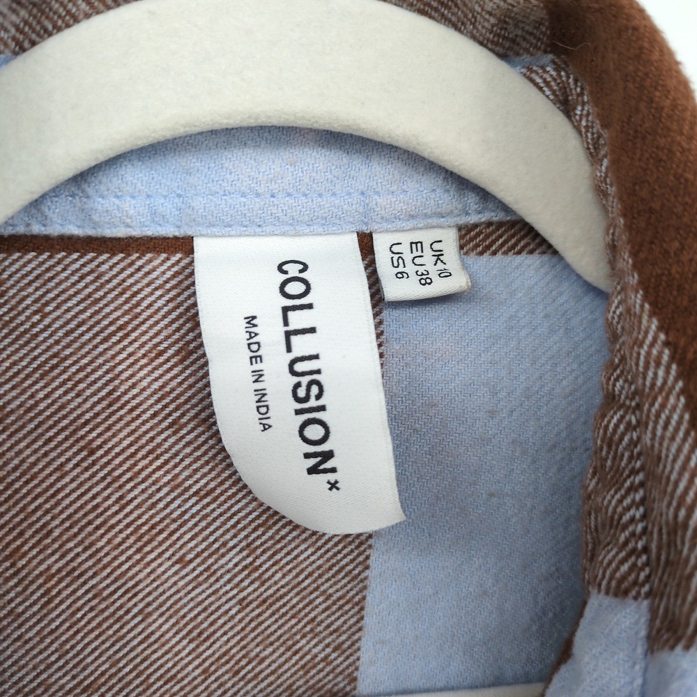 Collusion Plaid Flannel Button Shirt Women 6 Brown Blue Oversized Grunge Shacket - Picture 4 of 10